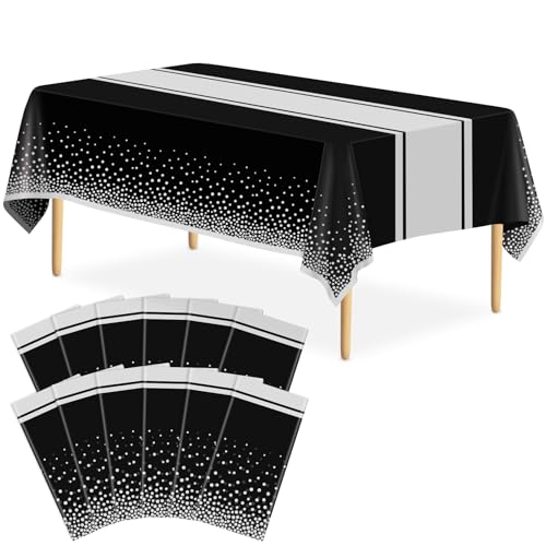 LIKAJON 12 Stück schwarze und silberfarbene Tischdecke, Party-Dekorationen, Kunststoff, schwarz, bedruckt, silberfarbener Tischläufer, 137 x 274 cm, Einweg-Tischdecke für Geburtstag, Hochzeit LIKAJON 12 Stück schwarze und silberfarbene Tischdecke, Party-Dekorationen, Kunststoff, schwarz, bedruckt, silberfarbener Tischläufer, 137 x 274 cm, Einweg-Tischdecke für Geburtstag, Hochzeit von LIKAJON