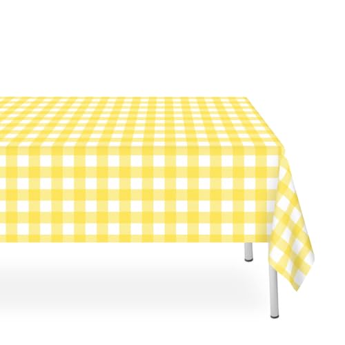 LIKAJON 2 Stück gelb und weiß karierte Tischdecke, gelbe Kunststoff-Tischdecken für Partys, Einweg, 137,2 x 274,3 cm, wasserdicht, gelbes Gingham-Muster, Camping-Tischdecke für Geburtstag, Party, von LIKAJON