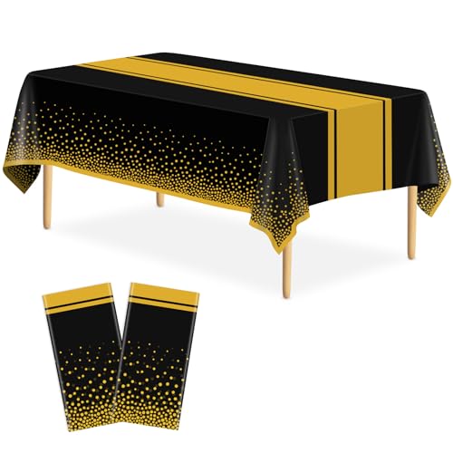 LIKAJON 2 Stück schwarze und goldene Tischdecke, Party-Dekorationen, Kunststoff-Tischdecke, bedruckt, goldfarben, 137,2 x 274,4 cm, Einweg-Tischdecke für Geburtstag, Hochzeit, Abschlussfeier von LIKAJON
