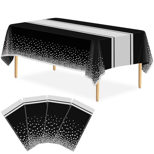 LIKAJON 4 Stück schwarze und silberfarbene Tischdecke, Partydekoration, Kunststoff-Tischdecke, bedruckt, silberfarbener Tischläufer, 137 x 274 cm, Einweg-Tischdecke für Geburtstag, Hochzeit LIKAJON 4 Stück schwarze und silberfarbene Tischdecke, Partydekoration, Kunststoff-Tischdecke, bedruckt, silberfarbener Tischläufer, 137 x 274 cm, Einweg-Tischdecke für Geburtstag, Hochzeit von LIKAJON