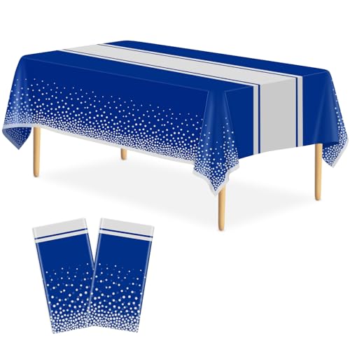 LIKAJON Blaue und silberfarbene Tischdecke, Party-Dekorationen, Kunststoff, blau, bedruckt, silberfarben, 137 x 274 cm, Einweg-Tischdecke für Geburtstag, Hochzeit, Abschlussfeier, 2 Stück von LIKAJON