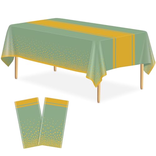 LIKAJON Tischdecke, Salbeigrün und Gold, Party-Dekorationen, Kunststoff, Salbeigrün, bedruckt, goldfarben, 137 x 274 cm, rechteckige Einweg-Tischdecke für Geburtstag, Hochzeit, Abschlussfeier, 2 Stück von LIKAJON