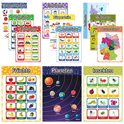 LIKARTO 12 pädagogische Montessori Lernposter A3 - Extra dickes Papier und beidseitig laminiert - Grundlagen 2, Lernposter Grundschule, Kinder Lernhilfe von LIKARTO