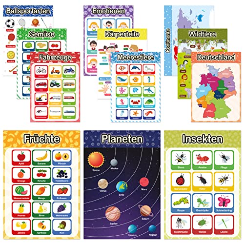 LIKARTO® 12 pädagogische Montessori Lernposter A3 - Extra dickes Papier und beidseitig laminiert - Grundlagen 2, Lernposter Grundschule, Kinder Lernhilfe von LIKARTO