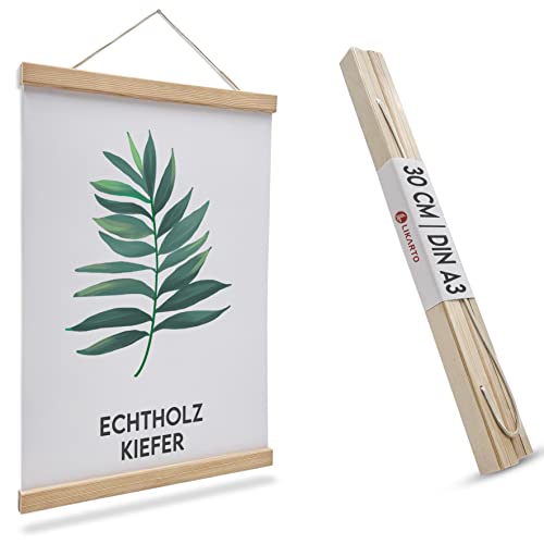LIKARTO Premium-Posterleiste Holz Kiefer A3 | 30 cm - Hochwertige magnetische Bilderleiste aus Echtholz inklusive Lederband - Einfaches Bilder aufhängen von LIKARTO