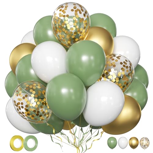 Luftballons Grün Gold Weiß 50 Stk 12 zoll Luftballons Geburtstag Eukalyptus Salbeigrün Weisse Gold Metallic Ballons Konfetti Ballons für Hochzeit Baby Shower Kommunion Taufe Jugendweihe Deko von LIKDAY