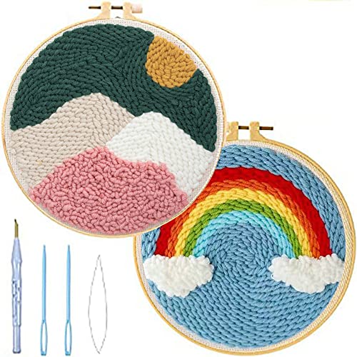 2-Kit Punch Needle Stickerei Set Anfänger Starter Stanznadelstoff Muster Set DIY Stanznadel Stickrahmen Kit（Hügel und Regenbogen） von LIKEUDO