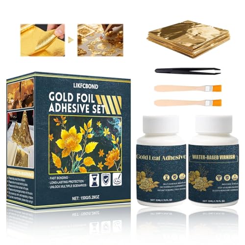LIKFCBOND Vergoldung Kleber Set, Blattgold Kleber Kit, Mit 50 ML Wasserbasiertem Blattgoldkleber und 50 ML Schutzlack, Blattgold 50 Stück, 2 Pinsel, zum Malen und professionellen Bastelgebrauch LIKFCBOND Vergoldung Kleber Set, Blattgold Kleber Kit, Mit 50 ML Wasserbasiertem Blattgoldkleber und 50 ML Schutzlack, Blattgold 50 Stück, 2 Pinsel, zum Malen und professionellen Bastelgebrauch von LIKFCBOND