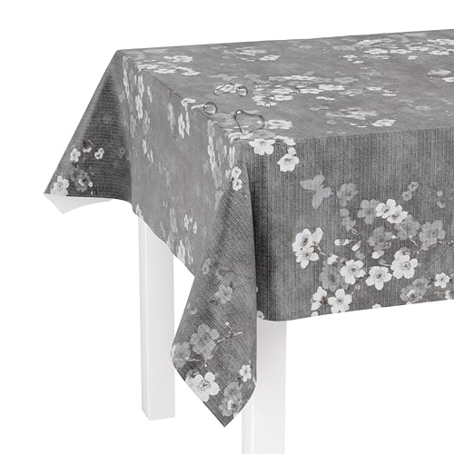 LILENO HOME Tischdecke abwaschbar als Meterware 100x140cm (Schnittkante) in Kirschblüte grau Elegance Motiv - Wachstuchtischdecke wasserabweisend ideal als Tischtuch von LILENO HOME