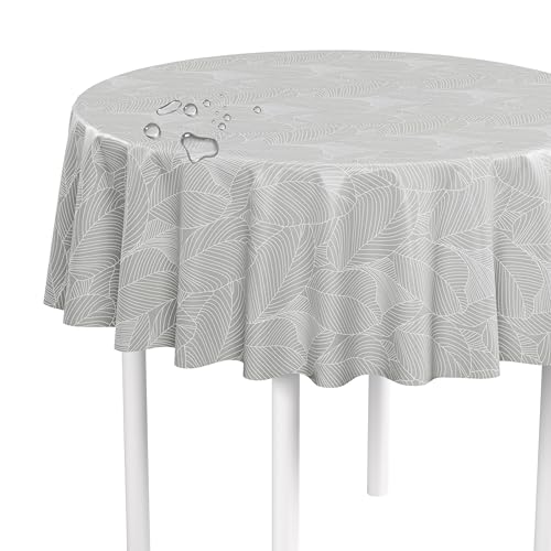 LILENO HOME Tischdecke abwaschbar als Meterware 140 cm rund (Schnittkante) in Grafikblätter grau Motiv - Wachstuchtischdecke wasserabweisend ideal als Tischtuch o. Tischläufer für Bierzeltgarnitur von LILENO HOME