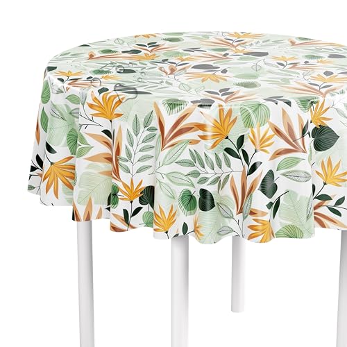 LILENO HOME Tischdecke abwaschbar als Meterware 140 cm rund (Schnittkante) in Nordic Leaves Natur Motiv - Wachstuchtischdecke wasserabweisend ideal als Tischtuch o. Tischläufer für Bierzeltgarnitur von LILENO HOME