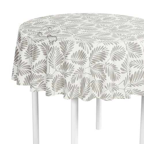 LILENO HOME Tischdecke abwaschbar als Meterware 140 cm rund (Schnittkante) in Stickblätter grau Motiv - Wachstuchtischdecke wasserabweisend ideal als Tischtuch o. Tischläufer für Bierzeltgarnitur von LILENO HOME