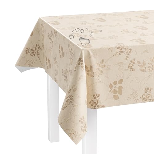 LILENO HOME Tischdecke abwaschbar als Meterware 200x140cm (Schnittkante) in Leinen mit Ranke Beige - Wachstuchtischdecke wasserabweisend ideal als Tischtuch o. Tischläufer für Bierzeltgarnitur von LILENO HOME