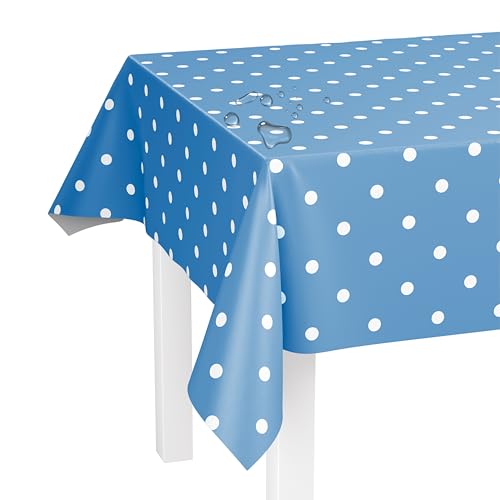 LILENO HOME Tischdecke abwaschbar als Meterware 200x140cm (Schnittkante) in Punkte Eisblau - Wachstuchtischdecke wasserabweisend ideal als Tischtuch o. Tischläufer für Bierzeltgarnitur von LILENO HOME