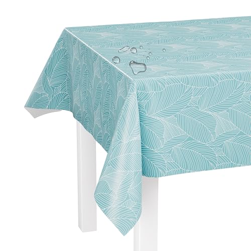 LILENO HOME Tischdecke abwaschbar als Meterware 220x140cm (Schnittkante) in Grafikblätter türkis Motiv - Wachstuchtischdecke wasserabweisend ideal als Tischtuch o. Tischläufer für Bierzeltgarnitur von LILENO HOME