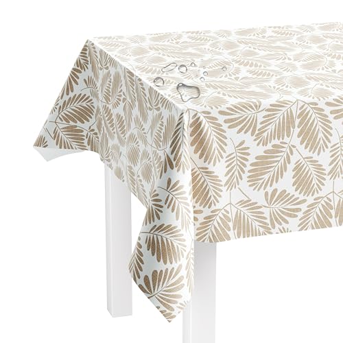 LILENO HOME Tischdecke abwaschbar als Meterware 220x140cm (Schnittkante) in Stickblätter beige Motiv - Wachstuchtischdecke wasserabweisend ideal als Tischtuch o. Tischläufer für Bierzeltgarnitur von LILENO HOME