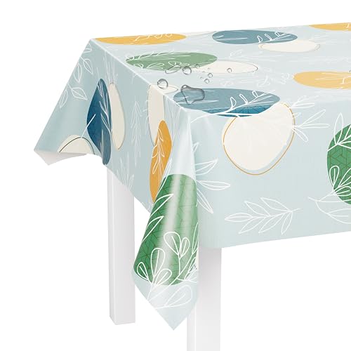 LILENO HOME Tischdecke abwaschbar als Meterware 240x140cm (Schnittkante) in Kreise und Farne blau Motiv - Wachstuchtischdecke wasserabweisend ideal als Tischtuch o. Tischläufer für Bierzeltgarnitur von LILENO HOME