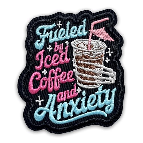 Fueled by Iced Coffee and Anxiety Patch 7,6 cm Lustiges Skelett Hand Mental Health Iron On/Sew On Embroidery Fabric Applique Patches for Trucker Hats Clothes Backpack DIY Accessories Friends Gifts von LILIROZE