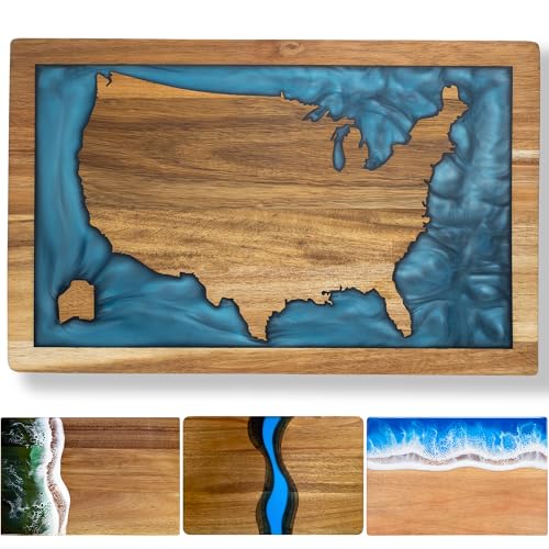 LILKUISYN Schneidebrett aus Akazienholz mit Kartenformen der Vereinigten Staaten von Amerika, blaues Epoxidharz, Ozean, für Küche, Mahlzeiten, Vorbereitung, Serviertablett, vielseitiges Käse- und von LILKUISYN