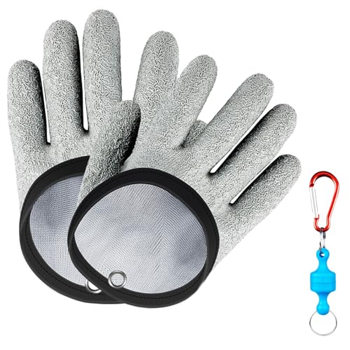 LIMEOW 1 Paar 19cm Angelhandschuhe Landehandschuh Hecht Handschuhe Wasserdichte Handschuhe mit 1 Stück Magnetverschluss Anti-Schnitt Rutschfesten Handschuh für Den Sicheren Umgang Hecht Wels(Grau) von LIMEOW