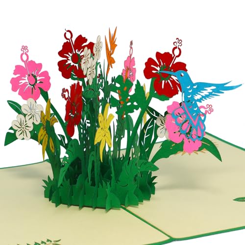 LINPOPUP® Pop-Up Karte Blumen, Geburtstagskarte, Grußkarten Blumen, Klappkarte Geburtstagskarte, Muttertagskarte, Danke, Viel Glück, Gute Besserung, Kollibri, Vogel Blumen, N375 von LINPOPUP