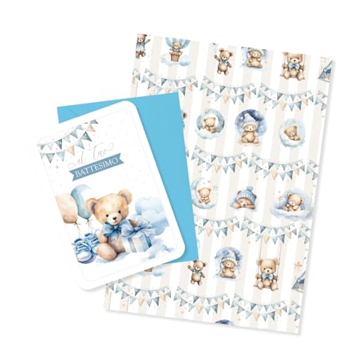 LINA OFFICINE GRAFICHE CREATIVE Set zur Taufe, Karte und Geschenkpapier, blauer Bär, 16 x 12 cm und 100 x 70 cm LINA OFFICINE GRAFICHE CREATIVE Set zur Taufe, Karte und Geschenkpapier, blauer Bär, 16 x 12 cm und 100 x 70 cm von LINA OFFICINE GRAFICHE CREATIVE