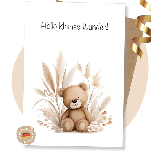 LINDFALL® Premium Glückwunschkarte zur Geburt 'Bärchen'. Babykarte Geschlechtsneutral, Aquarell, Klappkarte A6 mit Kraft-Umschlag. Karte Geburt Junge, Mädchen, Beigabe zu Windeltorten Geschenksets von LINDFALL