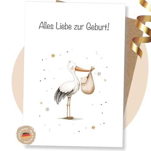 LINDFALL® Premium Glückwunschkarte zur Geburt 'Storch'. Babykarte Geschlechtsneutral, Aquarell, Klappkarte A6 mit Kraft-Umschlag. Karte Geburt Junge, Mädchen, Beigabe zu Windeltorten Geschenksets von LINDFALL