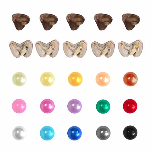 Austern mit Perle im Inneren, runde zierliche Kunstperlen, bedeutungsvolle Farben, Perlen zum Öffnen für Schmuckherstellung, Handwerk, Geschenke (rund, ABS, 8 mm), 30 Stück von LINDO