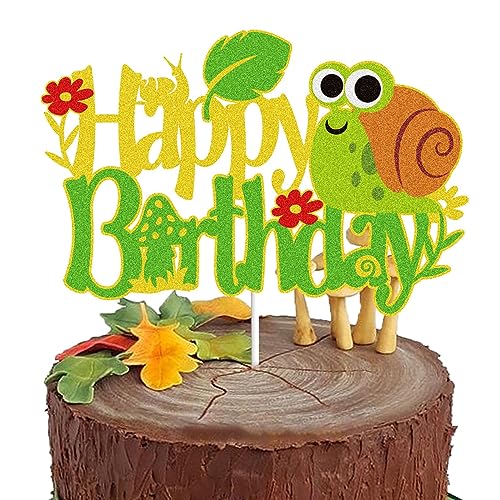 Snail Happy Birthday Cake Topper Grün Gold Glitzer Garten Bugs Schnecke Kuchen Dekorationen für Wald Insekt Sommer Frühling Thema Geburtstag Party Supplies von LINGBOOM