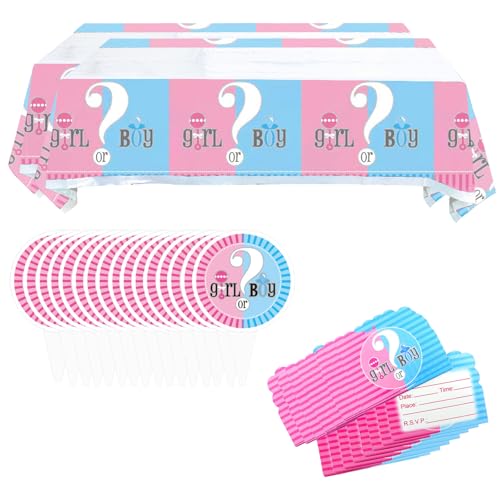 LINGJIA 34 Stück Gender Reveal Party Deko, Geschlecht Reveal Party Dekorative Geschirr, Geschlecht Reveal Papierplatten, 2Stück Tischdecken, 16Stück Tortenaufleger, 16Stück Einladungen von LINGJIA
