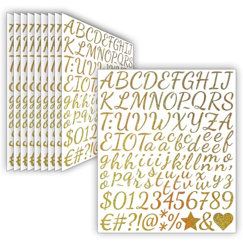 10 Blätter Glitzer Buchstaben Aufkleber (2.5 cm),1050 Stücke Selbstklebende Aufkleber Vinyl Buchstaben Zahlen,Wasserfester Sticker für Postfach,Scrapbooking,Adressnummer,DIY Handwerk (Gold) von LINGYUEDUO