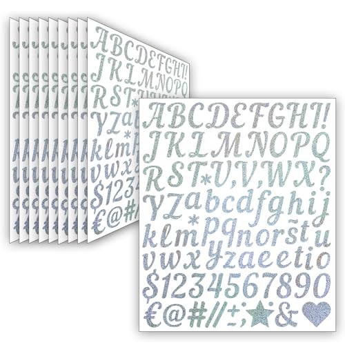 10 Blätter Glitzer Selbstklebende Buchstaben Aufkleber, 880 Stücke Wetterfeste Vinyl Alphabet Nummern Sticker (2.5 cm), Klebebuchstaben für DIY Scrapbooking, Postfach, Grußkartendekoration (Silber) von LINGYUEDUO