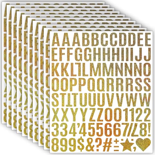 980 Stücke Glitzer Selbstklebende Buchstaben Aufkleber,10 Blätter Wetterfeste Vinyl Alphabet Nummern Sticker (2.5 cm), Klebebuchstaben für DIY Scrapbooking, Grußkartendekoration,Geschenk (Gold) von LINGYUEDUO