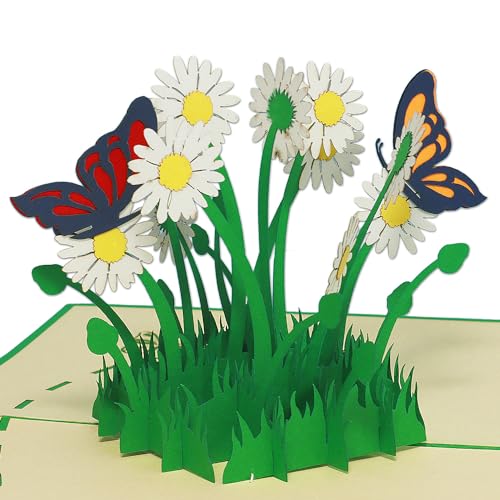 LINPOPUP®, Pop-Up Karte Blumen, Geburtstag 3D Grußkarten Klappkarte viel Glück Gute Besserung, Schmetterlinge, Margeriten, N310 von LINPOPUP