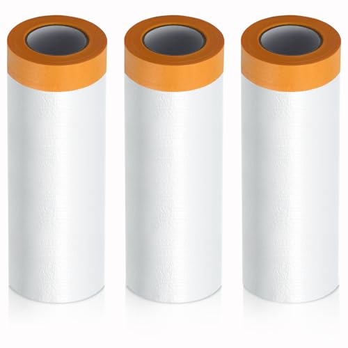 LINSOCLE Abdeckfolie mit Klebeband, Abklebeband mit Folie - 3 Rolle × 400cm×20m | Transparente Malerfolie für Autos, Fenster, Tür,Möbel & Wände von LINSOCLE