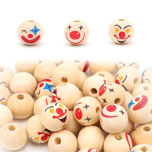 LINTRA 45 Stück Perlen mit Gesicht, 20 mm Holzperlen mit Gesicht, mit Löchern Holzperlen zum Auffädeln, 3 Clown-Stile Perlen Holz, für Basteln, Dekorieren von LINTRA