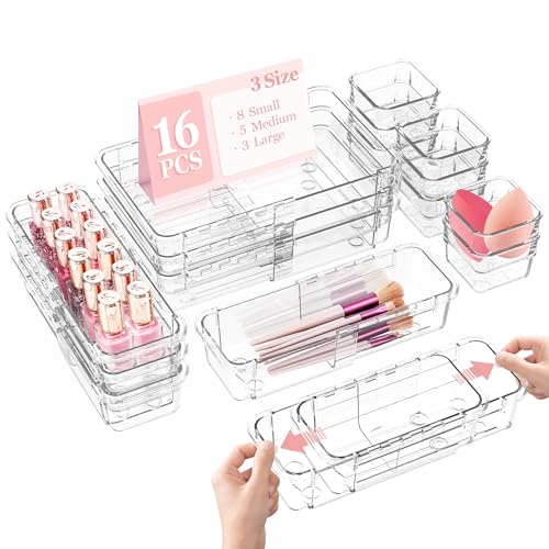 LINYAPRY 16 Stücke Klar Verstellbar Schubladen Organizer, Schubladenorganizer in 3 Größen Schminktisch Organizer, Kunststoff Sortierboxen Schubladen für Kosmetik, Besteck, Schreibwaren Eitelkeit Büro von LINYAPRY