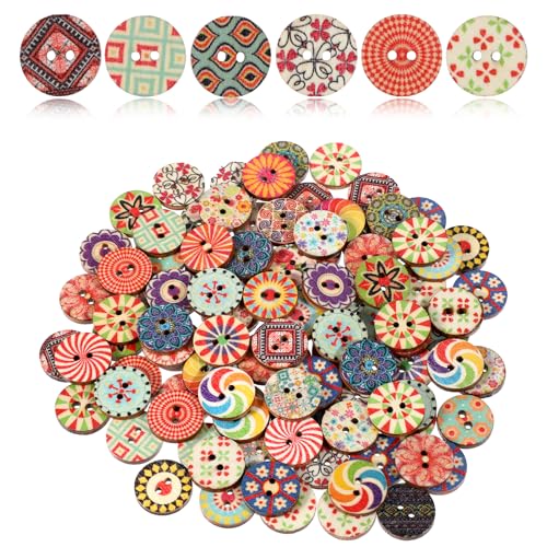 LIQWEI 100 Stück Bunte Holzknöpf, Vintage Harz Holzknöpfe zum Basteln 15mm Bunt Runde Knöpfe zum Annähen Bastelknöpfe für Nähen Basteln Dekoration DIY Handwerk (Gemischt Muster) von LIQWEI