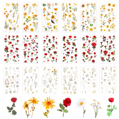 LIQWEI 252 Stück Aufkleber Blumen Sticker, Transparente Pflanzen Aufkleber Sonnenblume Rose Wasserfeste Stickers Aesthetic PET Bunte Blumenaufkleber für Scrapbook Fotoalbum Tagebücher Karten von LIQWEI