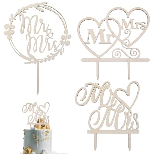 LIQWEI 3 Stück Hochzeitstorte Deko Holz, Mr & Mrs Deko Hochzeitstorte, Cake Topper Hochzeit Mr und Mrs Tortenstecker für Hochzeit Verlobung Antrag Jubiläum von LIQWEI