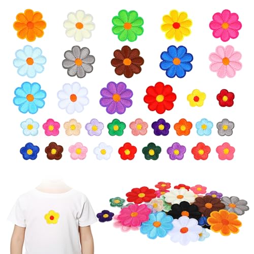 LIQWEI 37 Stück Blume Patches zum Aufbügeln, Flicken zum Aufbügeln Kinder Erwachsene, Bügelbilder für Textilien Bunte Aufnäher Gänseblümchen Bestickte Aufnäher für Hut Kleidung Rucksäcke DIY-Zubehör von LIQWEI
