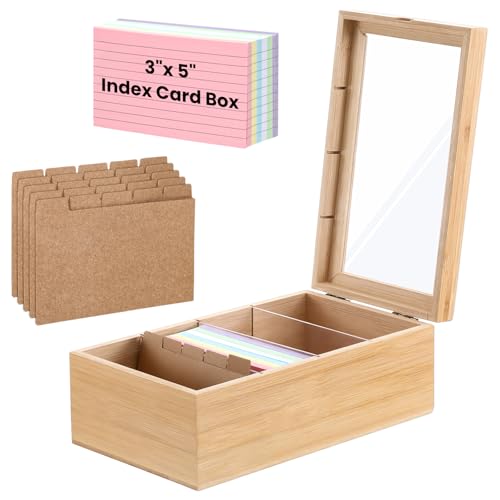 LIQWEI Bambus-Karteikarten-Organizer, 7,6 x 12,7 cm, Karteikartenhalter mit Trennwänden, Holz-Rezeptbox mit Deckel, 4 Fächer für 1200 Karten, 15 x 26 x 10,5 cm (B x T x H) von LIQWEI