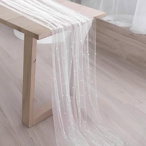 LIQWEI Tischläufer Tüll mit Perlen, 75 x 300cm Perlenspitze Tischdecke Weiß Spitzen Tüllstoff Netz Tischband Tischdekoration für Hochzeit Brautparty Geburtstagsfeier Hochzeitsbogen(Weiß) von LIQWEI