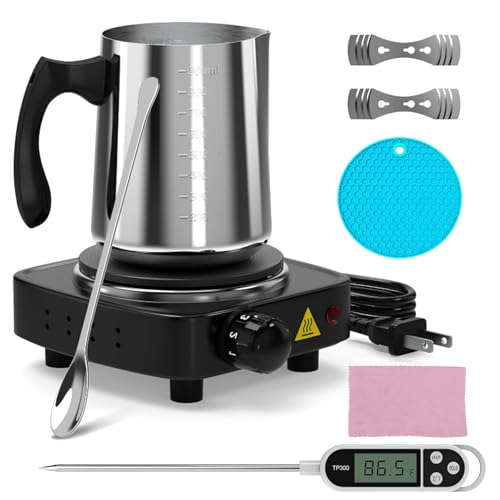 LIROPAU Kerzen Selber Machen Set mit Elektronischer Heizplatte, Wachsschmelzgerät für Kerzenherstellung, Kerze Make Gießtopf, Kerzenwachs Schmelztopf mit Thermometer, Rührlöffel, Dochthalter von LIROPAU