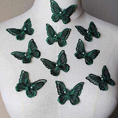 Schmetterlings-Spitzen-Applikation, Organza-Stickerei, doppelschichtig, zum Nähen für Bastelprojekte, Smaragdgrün, 10 Stück von LITTLE PANDADA