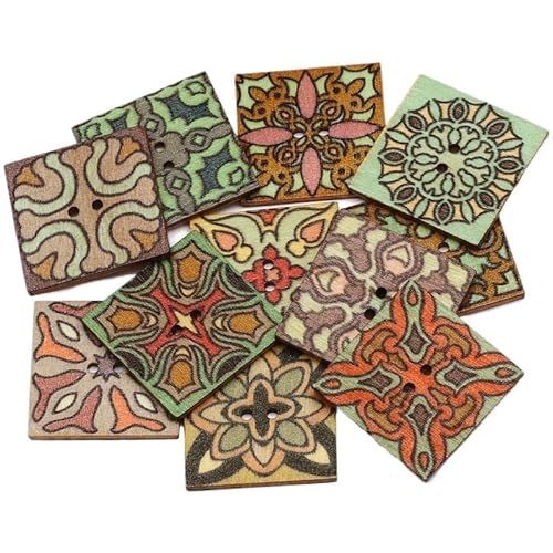 KnöPfe 50 Stück 25 mm Holzknöpfe mit gemischtem Vintage-Muster, quadratisch, 2 Löcher, Nähknopf for Kinderkleidung, Scrapbooking, DIY, Basteln, Dekoration von LIUCHUCHU