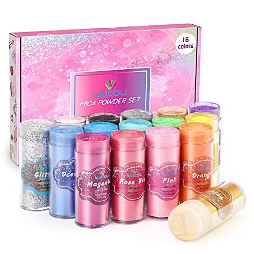 Farbe Epoxidharz, Pigment Seife Set 18ml*16 Farben - LIUCOLI Mica Pulver Glitter für Kunstharz Gießharz, Kerzen, Schleim, Kosmetischer, Lidschatten von LIUCOLI