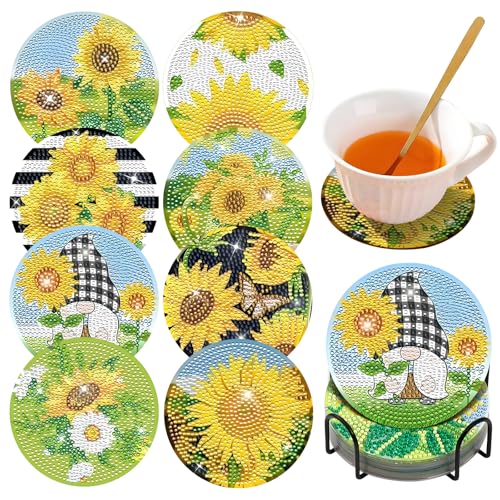 LIUCONGBD 8 Stück Diamond Painting Untersetzer mit Halter, Sonnenblume Diamant Malerei Blumen Erwachsene, DIY Diamant Tassenuntersetzer mit Kork Tassen, Vasen, Kerzen Dekoratio (Sonnenblume) von LIUCONGBD