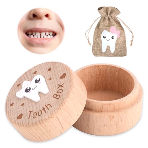 LIUCONGBD Zahndose Milchzähne mit Zahnfee Tasche, Milchzahndose mit 3D Geschnitzter Hölzerner Zahnhalter für Jungen, Mädchen und Kinder, Wackelzahn Zahnfee Geschenk (Mädchen) von LIUCONGBD